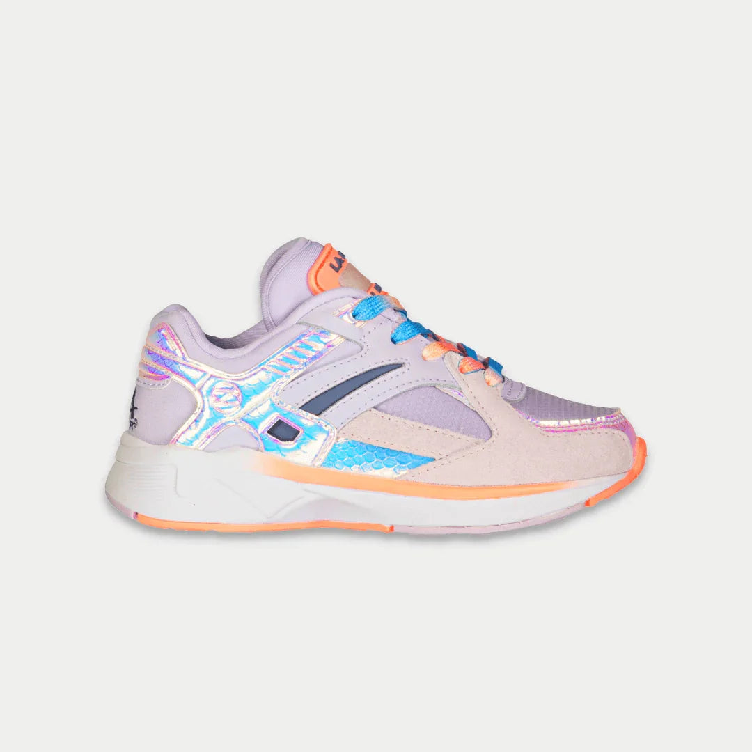 LA Gear Kids Catapult Light-Up Lowtop in Purple x Orange with motion-activated lights, perfect for active play and style.