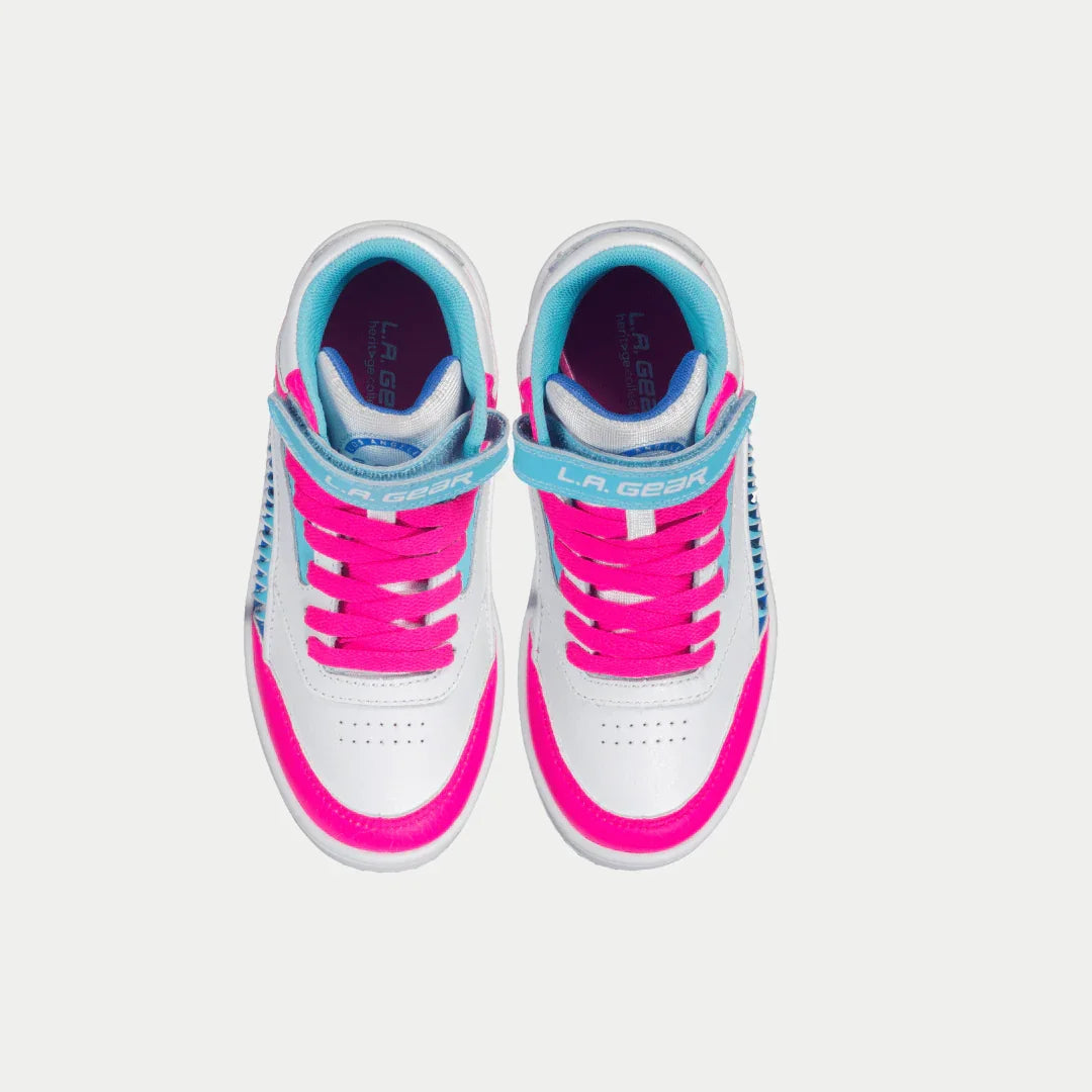 LA Gear Kids Flame Hightop | White x Pink x Blue sneakers for children, featuring vibrant colors and modern design, top view.