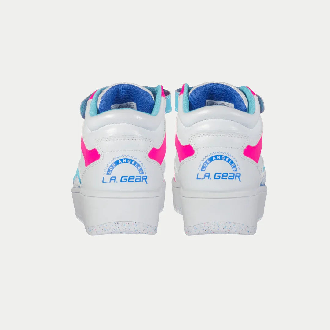 Back view of LA Gear Kids Flame Hightop | White x Pink x Blue sneakers with colorful design for kids.