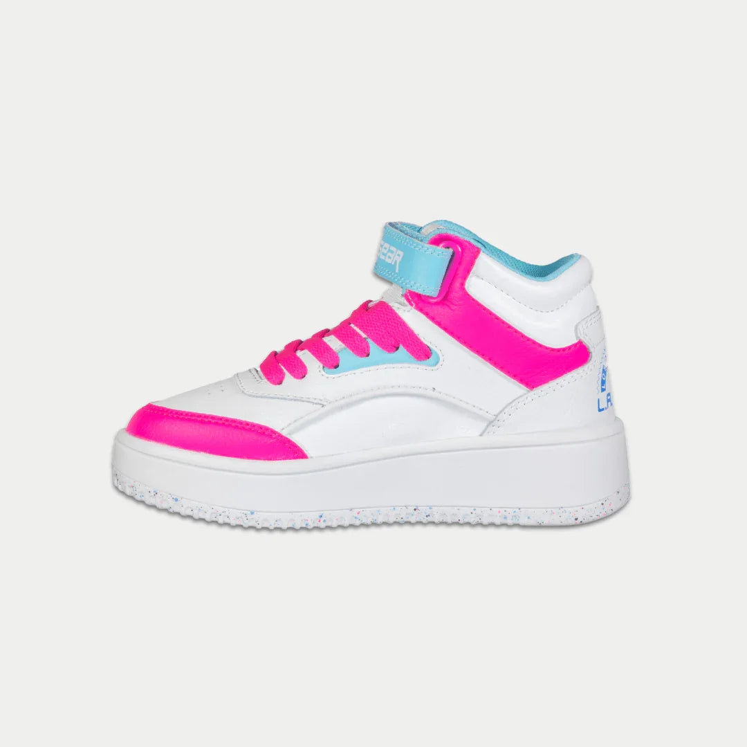 LA Gear Kids Flame Hightop | White x Pink x Blue - Bold hightop sneaker with playful colors and modern design for kids sizes 11-6.
