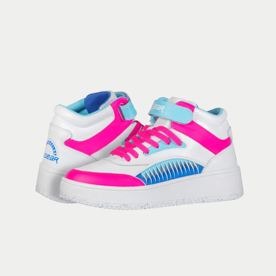 LA Gear Kids Flame Hightop | White x Pink x Blue sneakers featuring playful colors and modern design for children.
