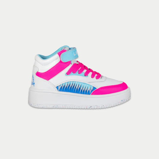 LA Gear Kids Flame Hightop | White x Pink x Blue sneaker featuring kids design with comfort technologies.