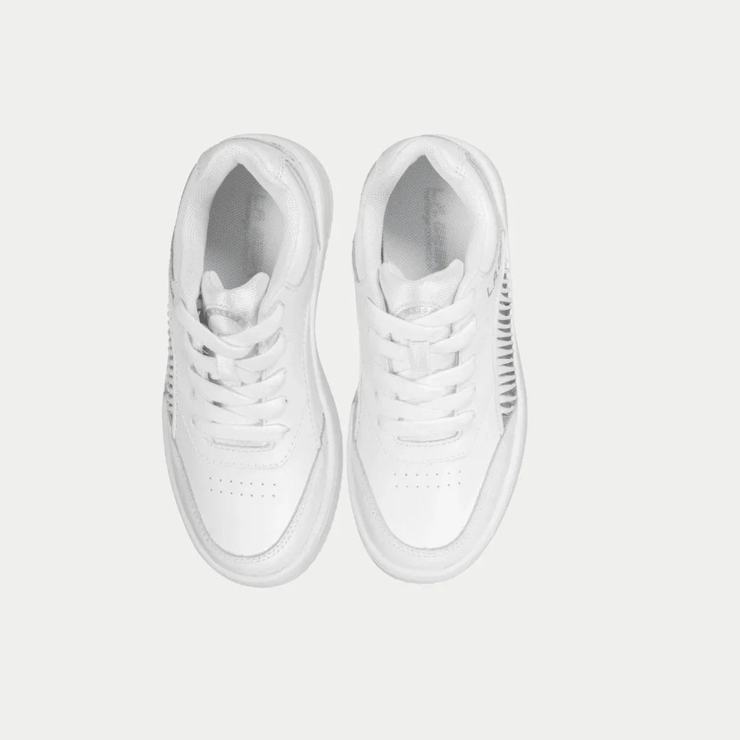 Top view of LA Gear Kids Flame Lowtop | White sneakers with retro design and modern comfort.