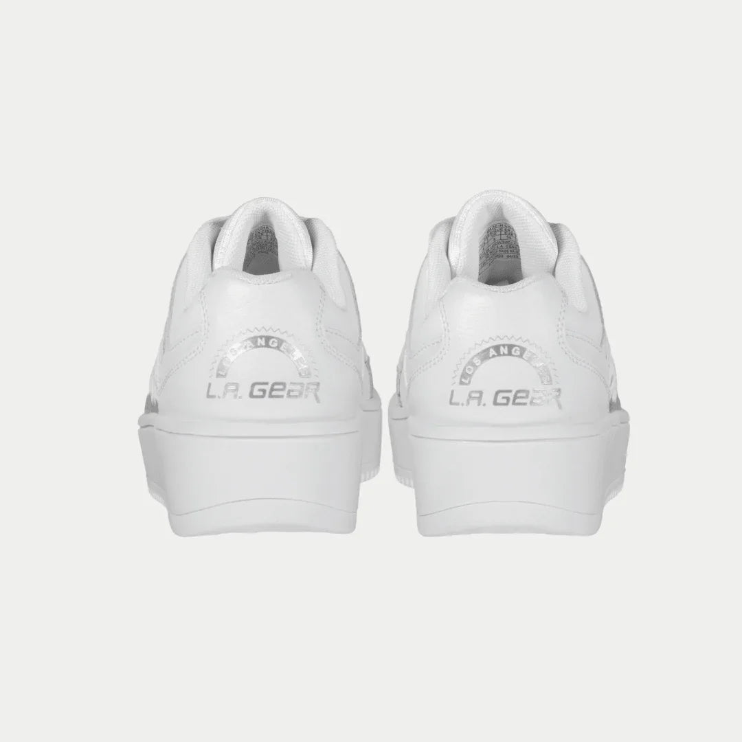 Back view of LA Gear Kids Flame Lowtop | White sneakers showing brand logo and design details, inspired by 90s retro style.