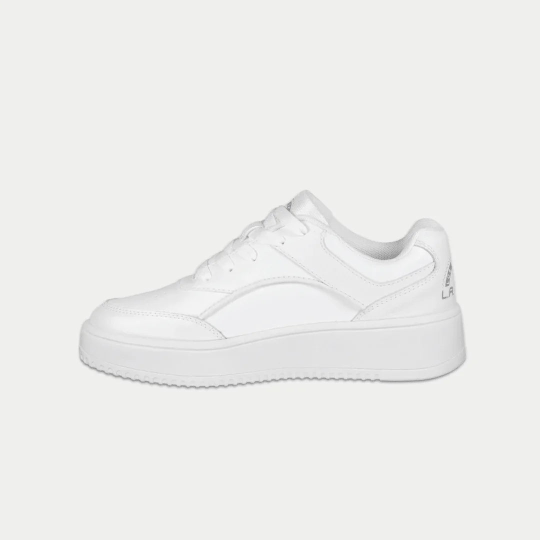 LA Gear Kids Flame Lowtop | White sneaker side view, kids sizes 11-6.