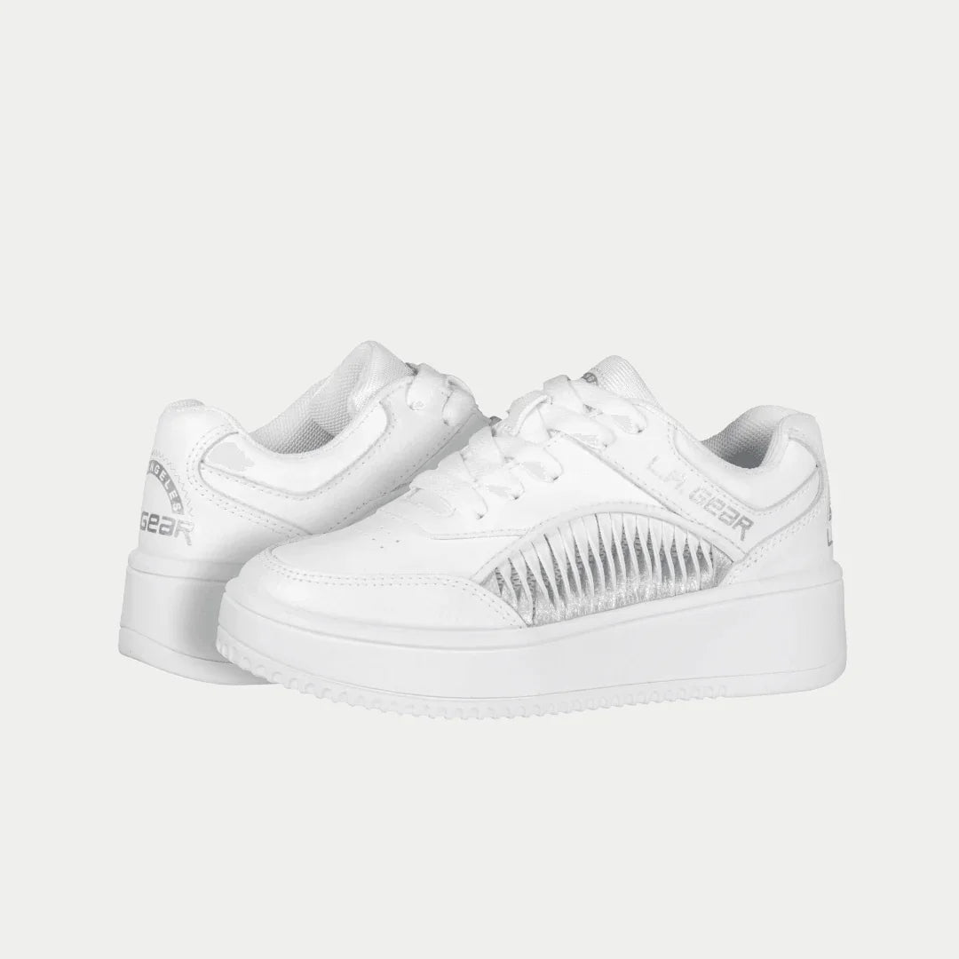 LA Gear Kids Flame Lowtop | White sneakers with retro 90s design and modern comfort, available in kids sizes 11-6, iconic footwear.