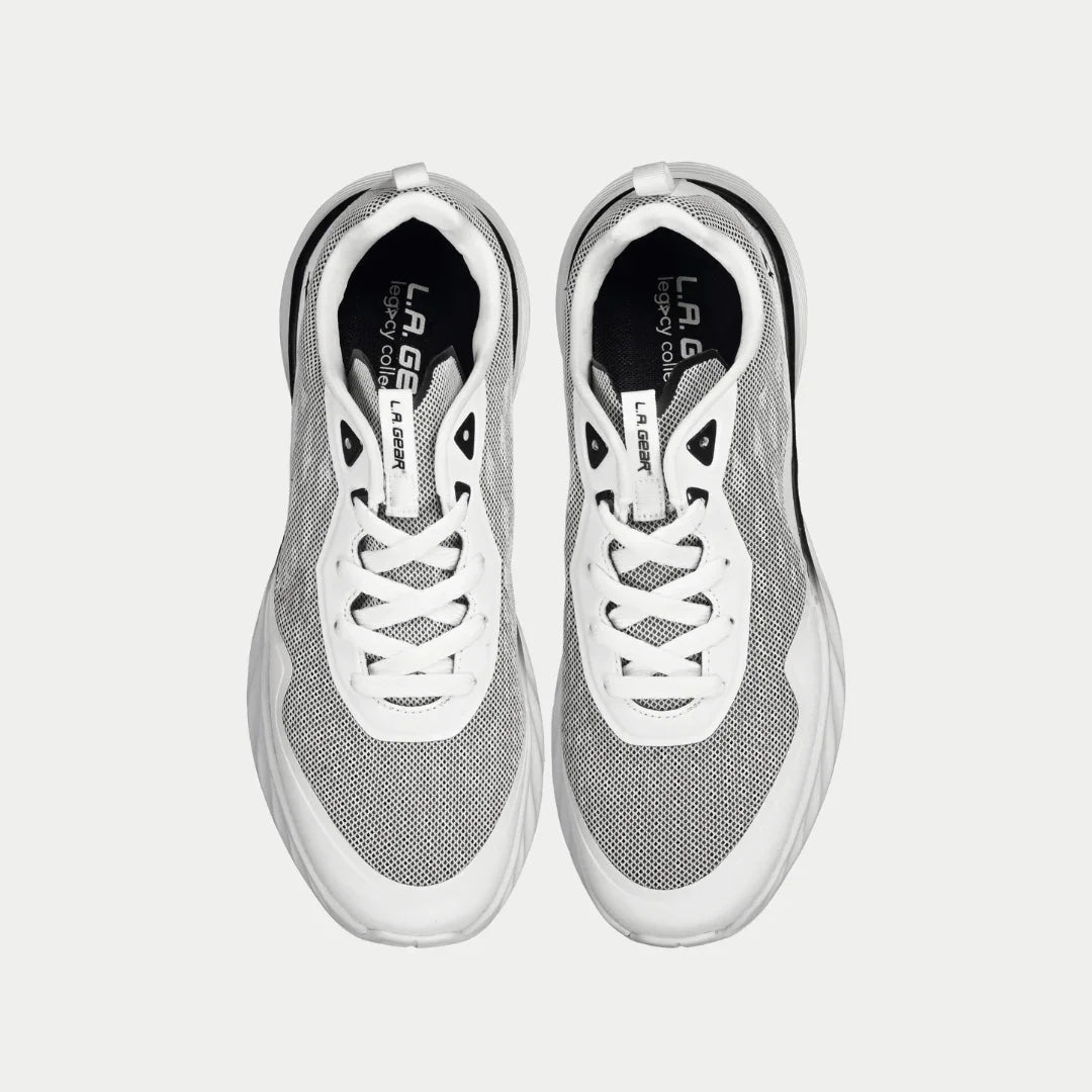 LA Gear Men's Highland Lowtop | White x Black sneakers showcasing breathable mesh and perforated design for comfort and style.