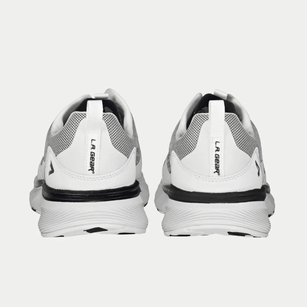 Back view of LA Gear Men's Highland Lowtop | White x Black sneakers with mesh and perforated details for style and comfort.