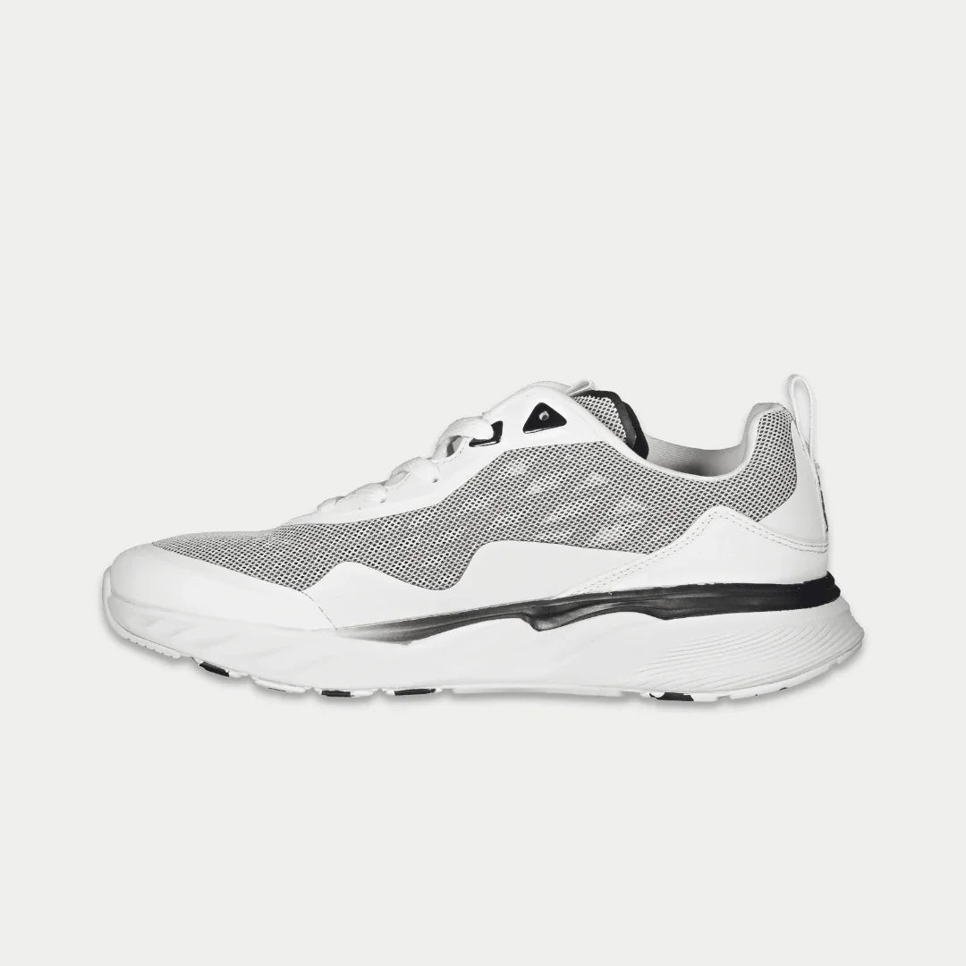 LA Gear Men's Highland Lowtop | White x Black sneaker with breathable mesh, perforated design, cushioned support, and versatile style.