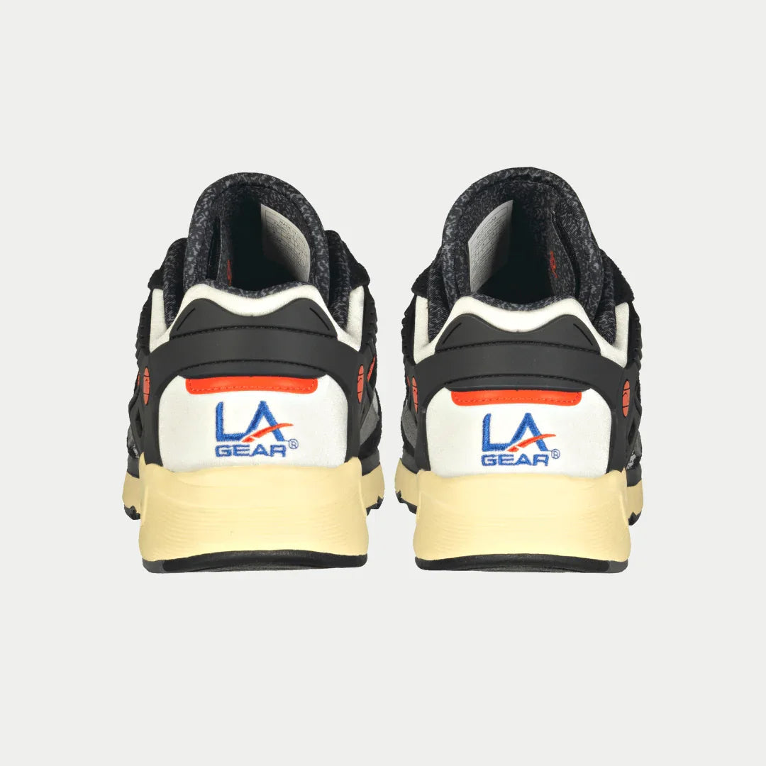 Rear view of LA Gear Men's Catapult Light-Up Lowtop | Black x Orange sneakers showcasing light-up detail and classic design.