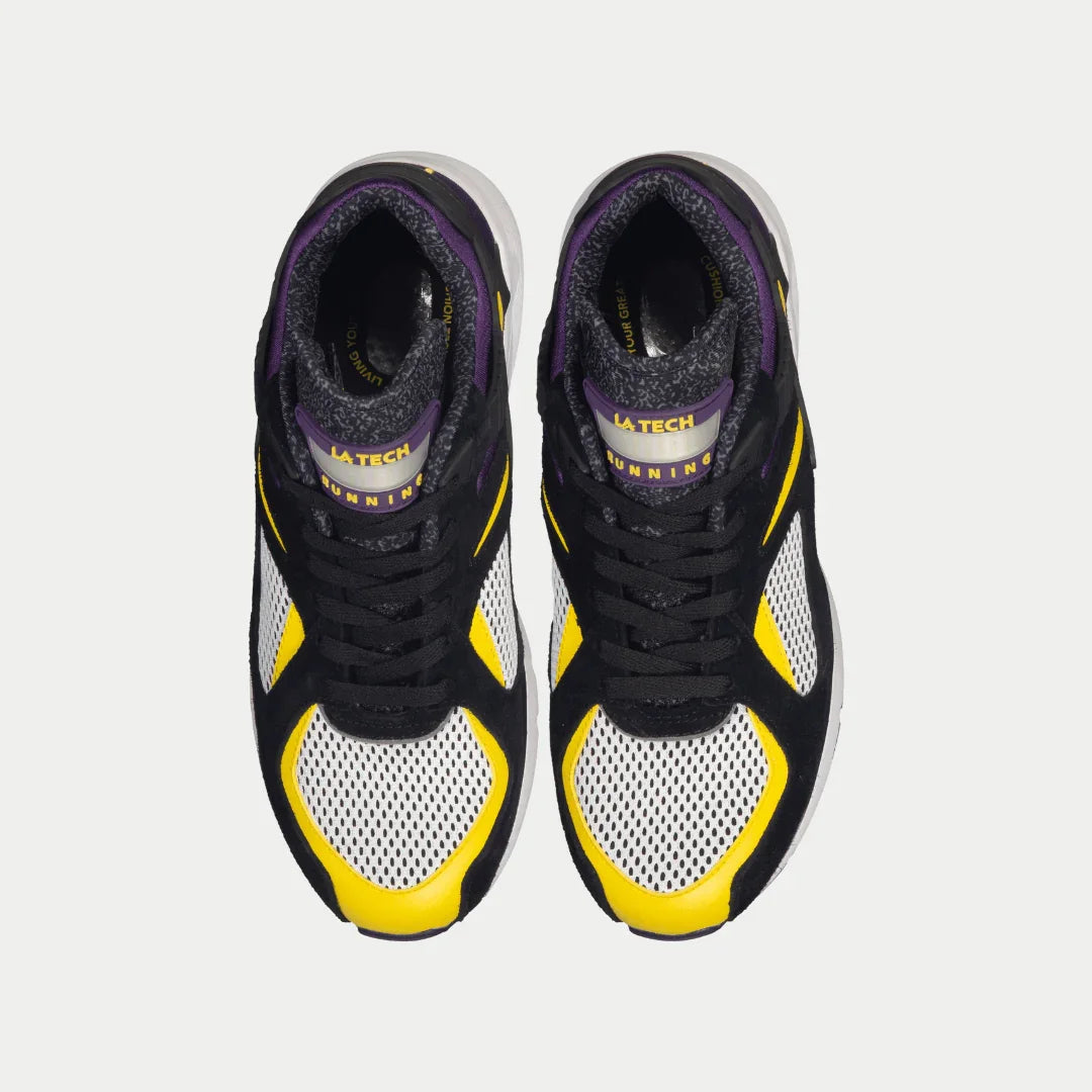 Top view of LA Gear Men's Catapult Light-Up Lowtop | Black x Purple x Yellow sneakers with light-up detail and comfort design.