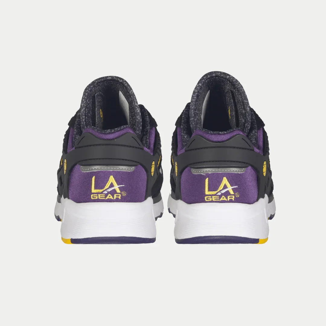 Back view of LA Gear Men's Catapult Light-Up Lowtop in Black x Purple x Yellow.