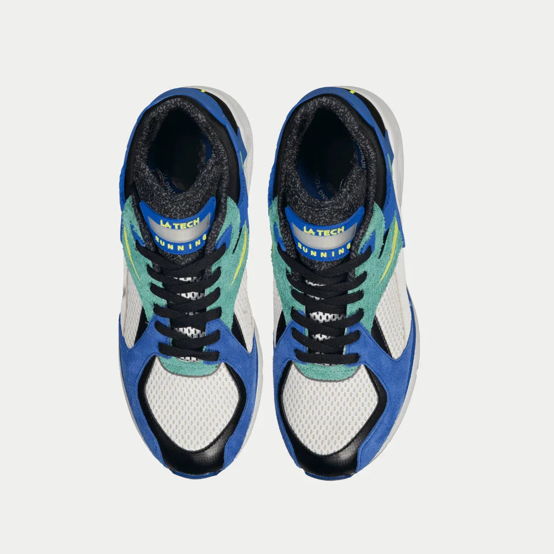 Top view of LA Gear Men's Catapult Light-Up Lowtop | Blue x Green sneakers with light-up detail and mesh design.