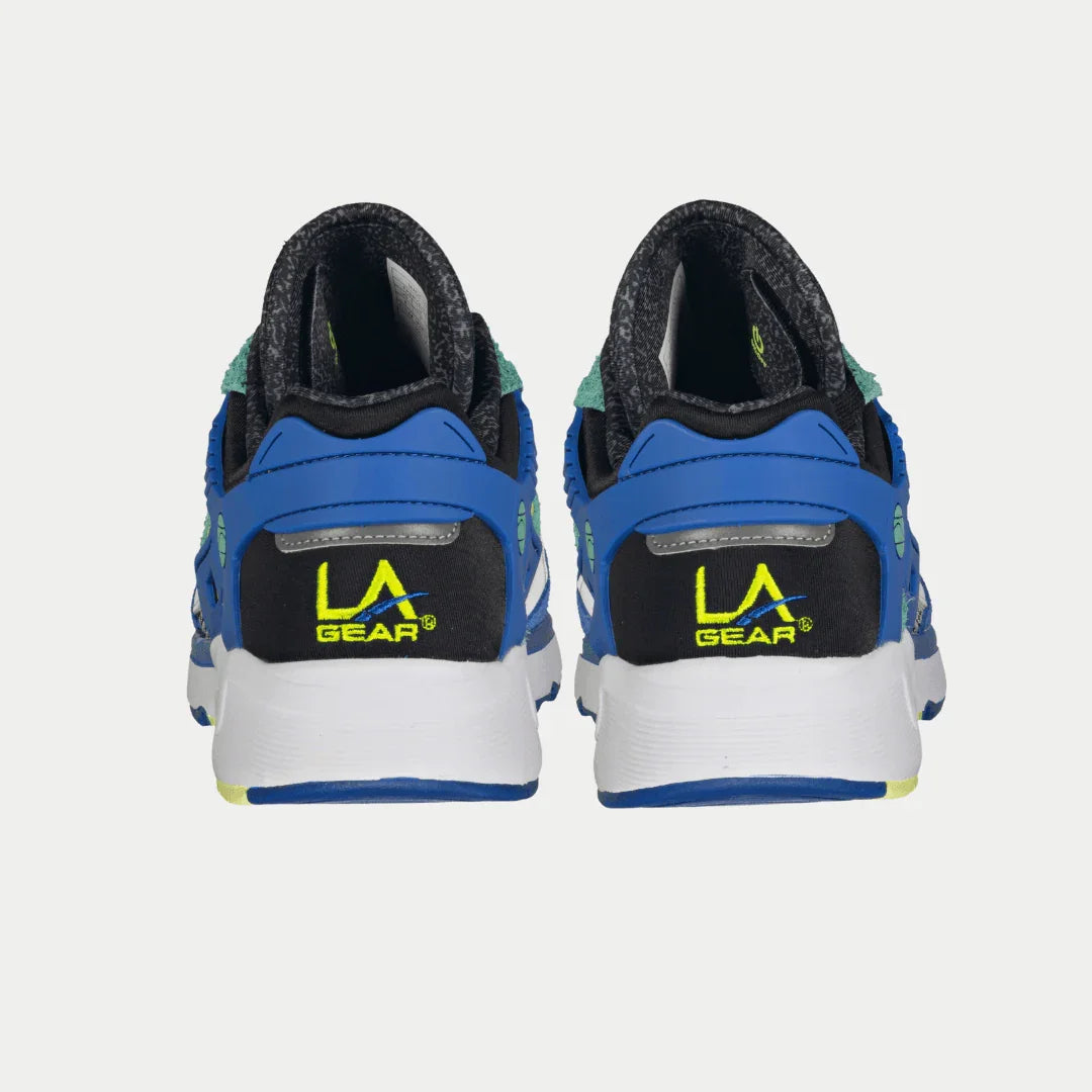 Rear view of LA Gear Men's Catapult Light-Up Lowtop | Blue x Green sneakers with logo and light-up detail.