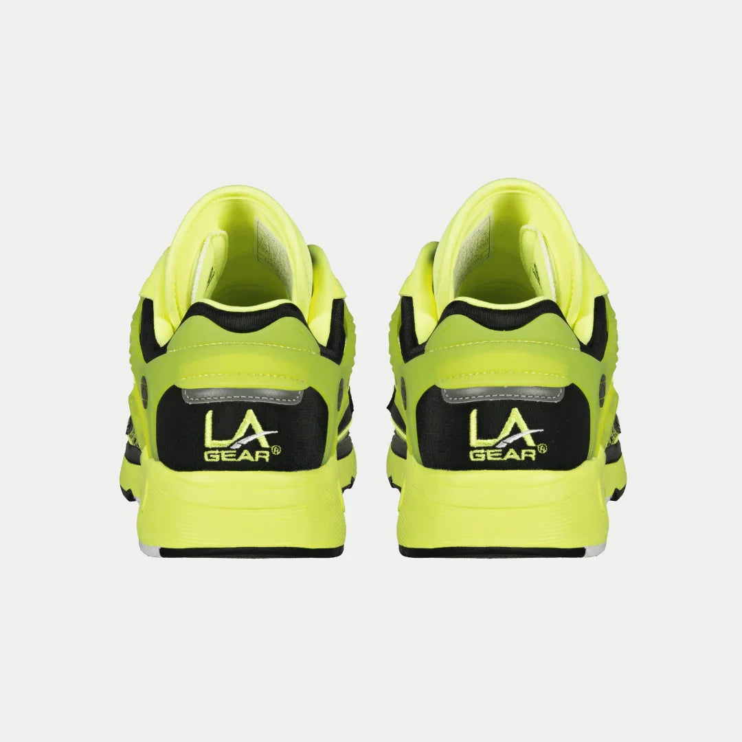 Back view of LA Gear Men's Catapult Light-Up x Glow Lowtop in Neon Yellow x Black with light-up and glow-in-the-dark features.