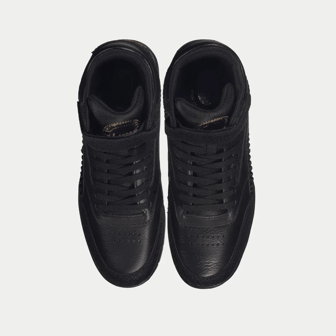 Top view of LA Gear Men's Flame Retro Hightop in black showcasing premium leather and adjustable strap.