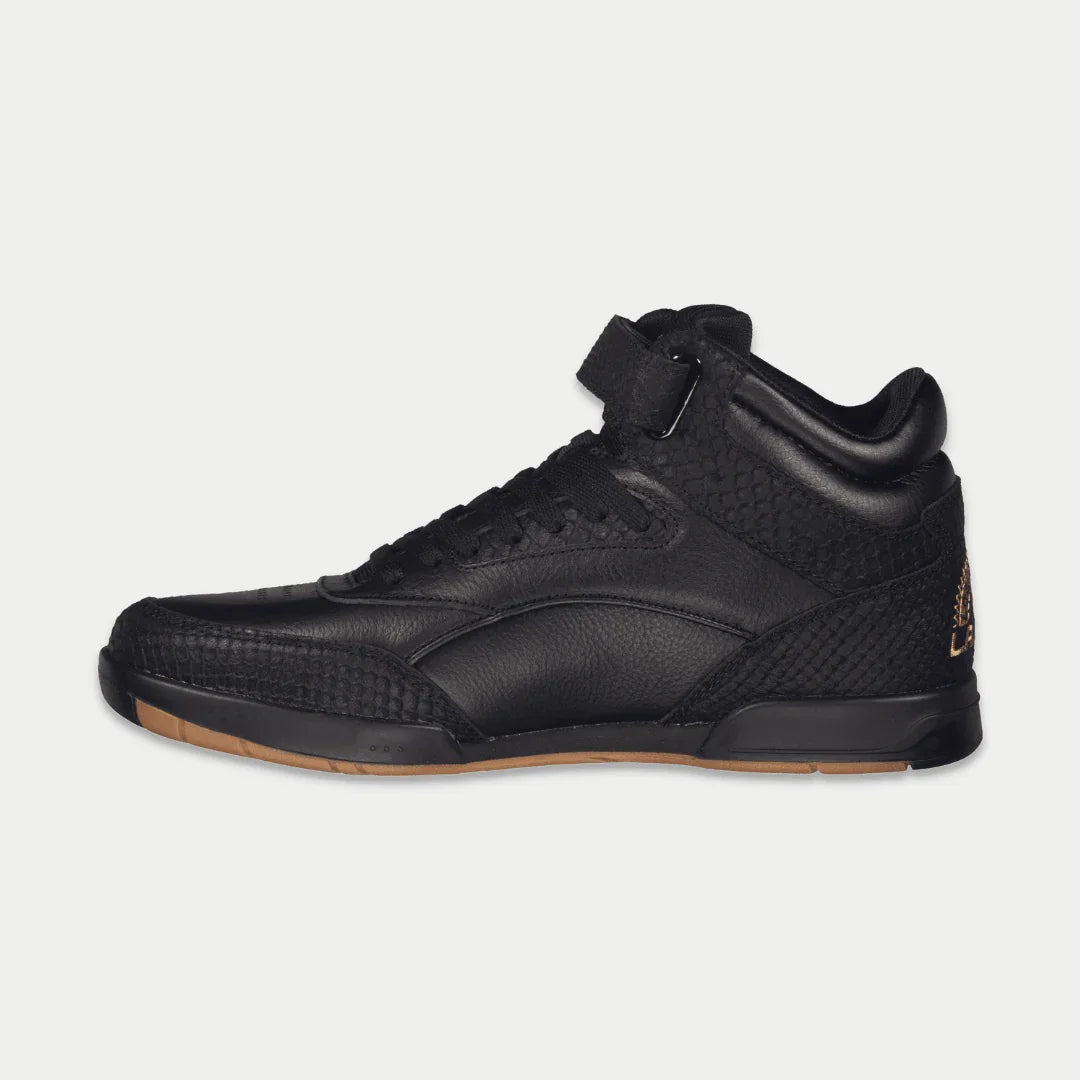 LA Gear Men's Flame Retro Hightop | Black sneaker side view showcasing premium leather and adjustable strap.