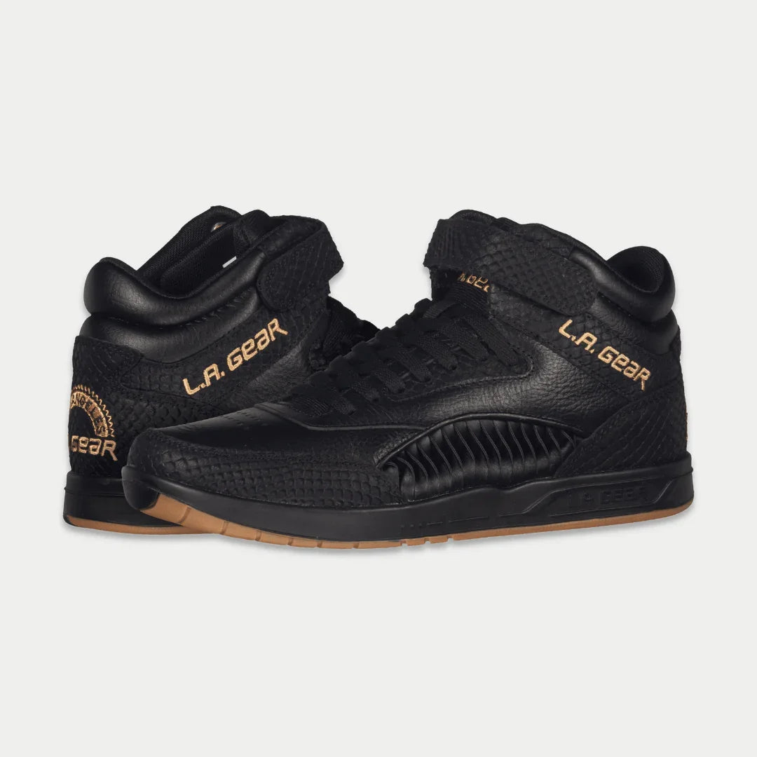 LA Gear Men's Flame Retro Hightop | Black sneakers showcasing premium leather and adjustable strap design.