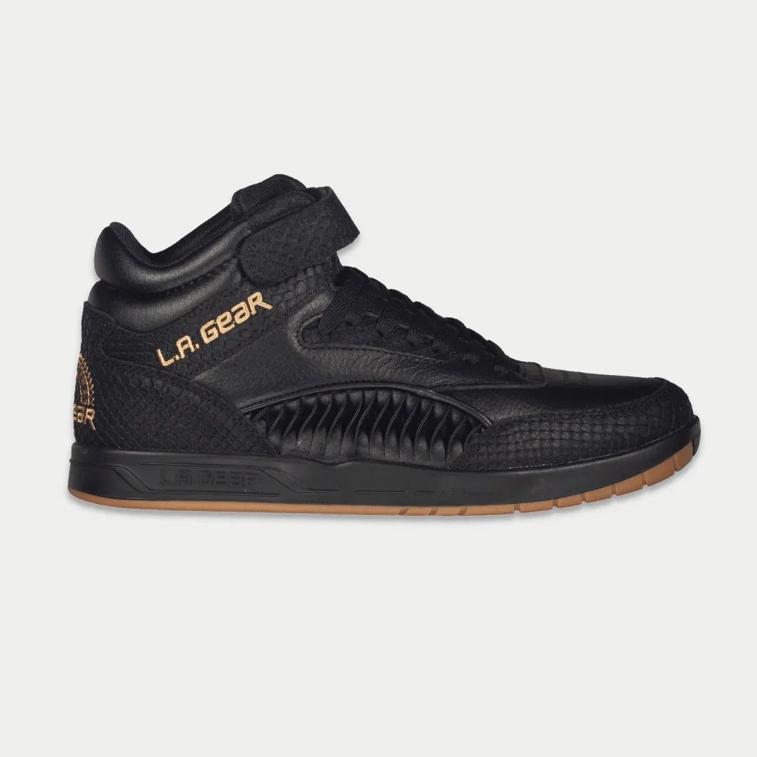 LA Gear Men's Flame Retro Hightop | Black sneaker with premium leather and adjustable strap, side view of the 80s and 90s iconic design.