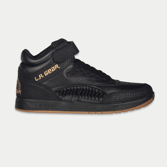 LA Gear Men's Flame Retro Hightop | Black sneaker with premium leather and adjustable strap, side view of the 80s and 90s iconic design.