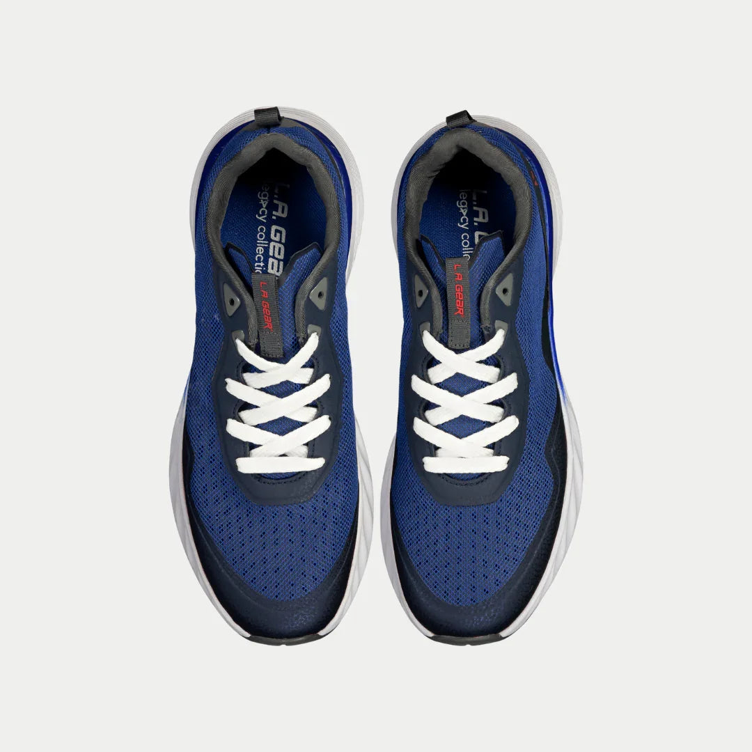 Top view of LA Gear Men's Highland Lowtop in Navy Blue featuring breathable mesh and cushioned outsole design.