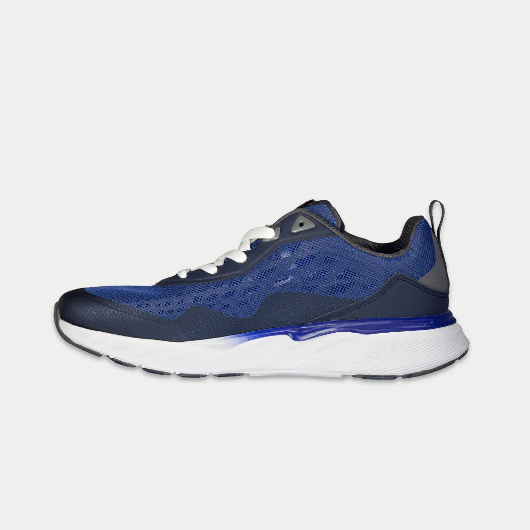 LA Gear Men's Highland Lowtop Navy Blue sneaker side view with breathable mesh, cushioned outsole, and gel foam insole for comfort.