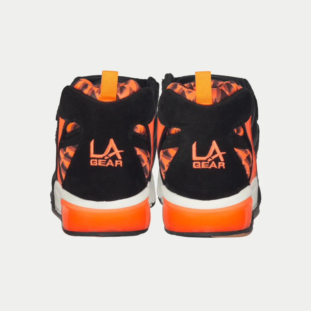 Back view of LA Gear Men's Turbo Light-Up Mid | Black x Neon Red sneakers showing black and neon red design with light-up feature.