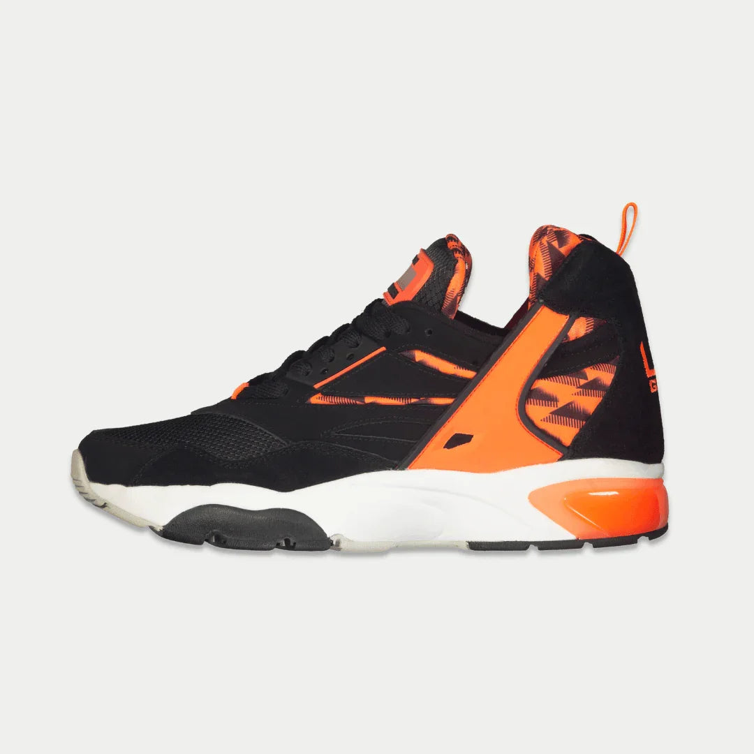 LA Gear Men's Turbo Light-Up Mid | Black x Neon Red sneaker with bold design, genuine leather, and light-up detail for movement and style.