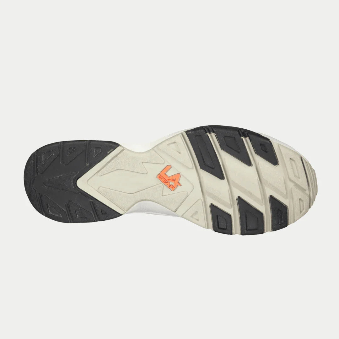 Sole view of LA Gear Men's Turbo Light-Up Mid | Black x Neon Red sneaker with traction design