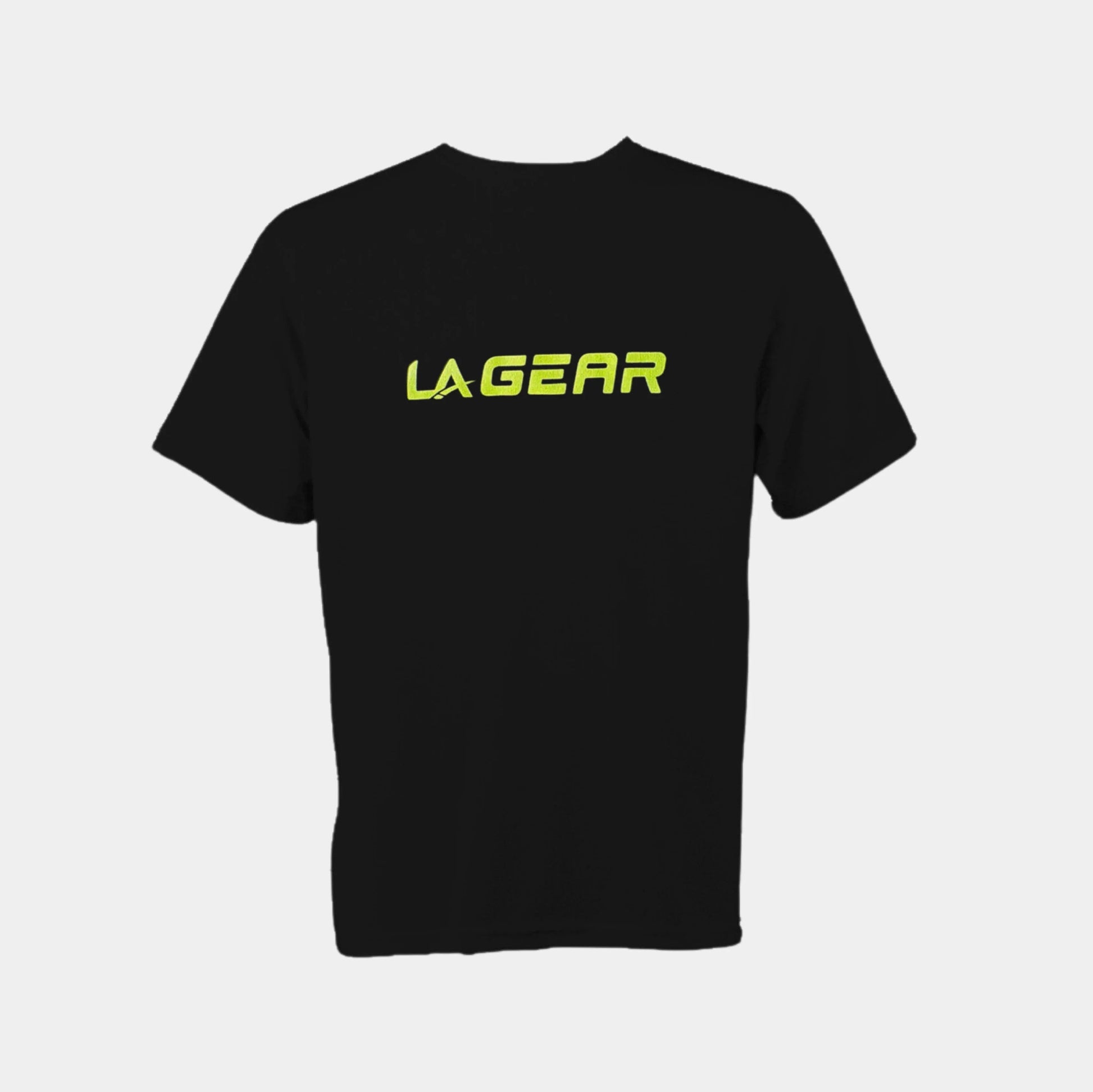 LA Gear Men's Performance Logo Tee | Black with neon-yellow logo on back, athletic performance t-shirt with moisture-wicking fabric.