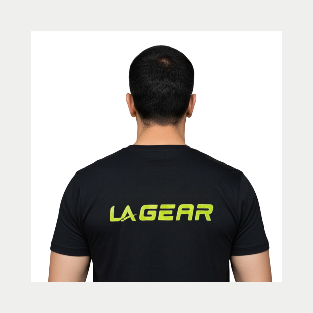 Back view of LA Gear Men's Performance Logo Tee | Black with neon-yellow logo