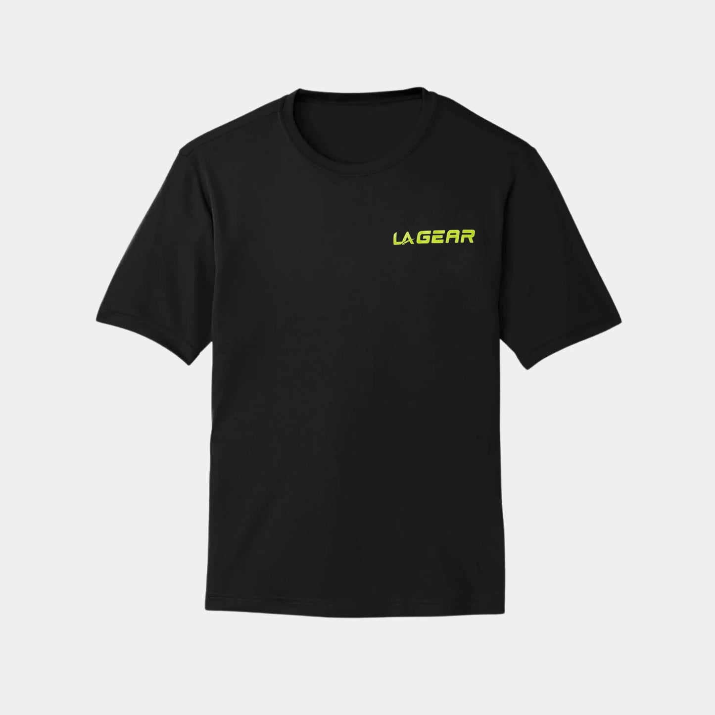 LA Gear Men's Performance Logo Tee | Black, featuring neon-yellow logo on breathable fabric, ideal for workouts and streetwear style.