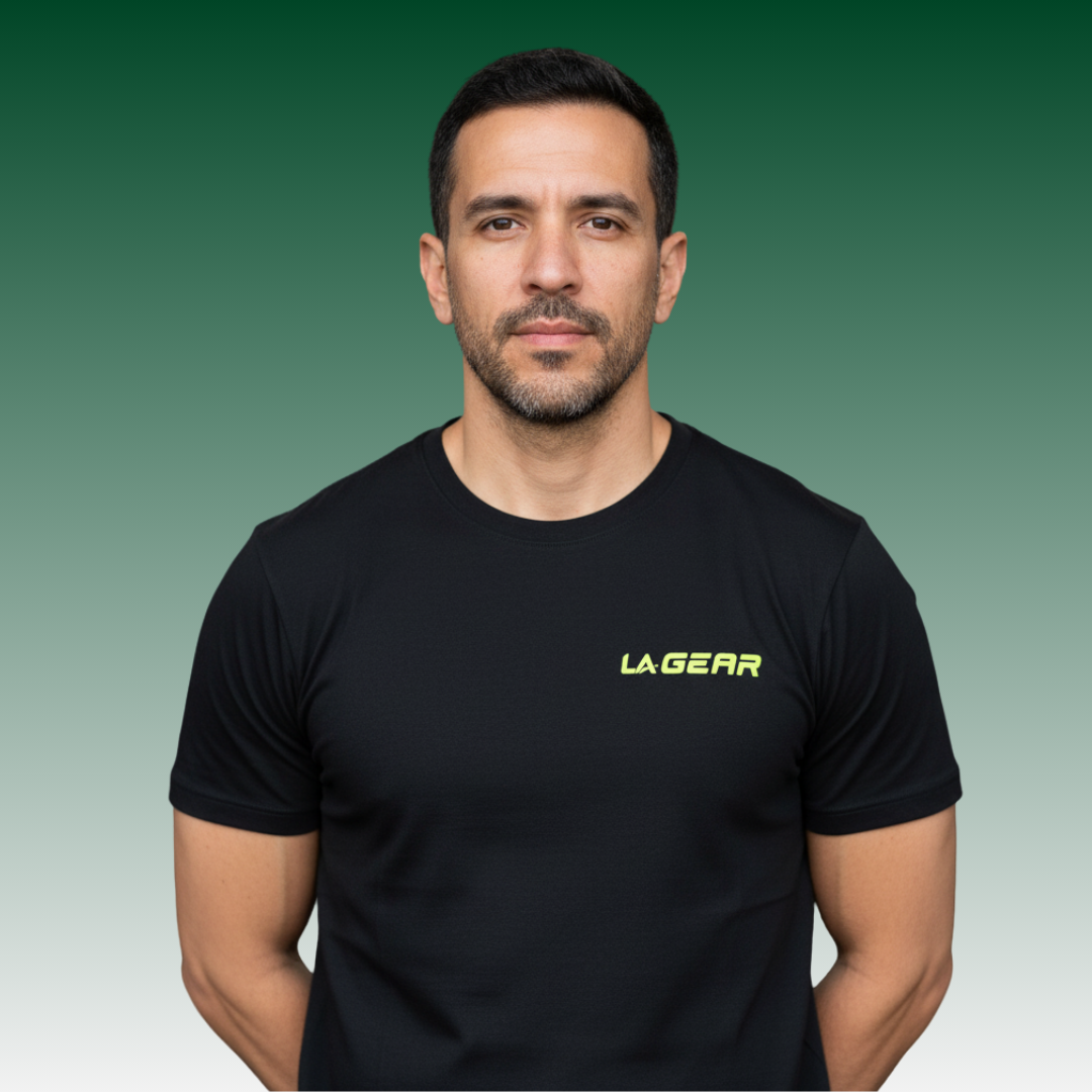 LA Gear Men's Performance Logo Tee | Black showcased on a model, featuring neon-yellow logo and classic fit.
