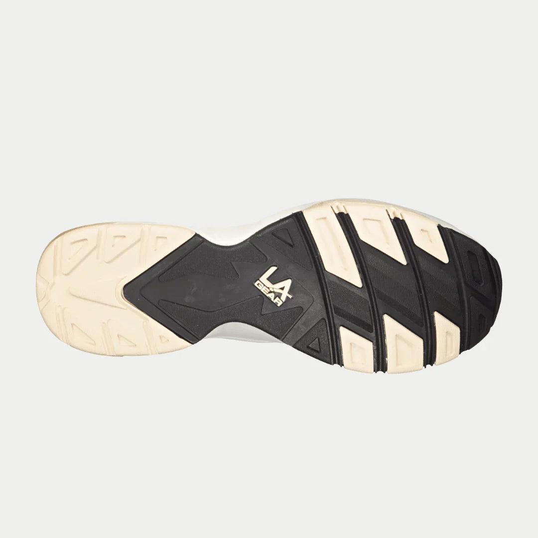 Sole view of LA Gear Men's Turbo Light-Up Mid | Off-White x Black sneaker, featuring durable traction and brand logo.