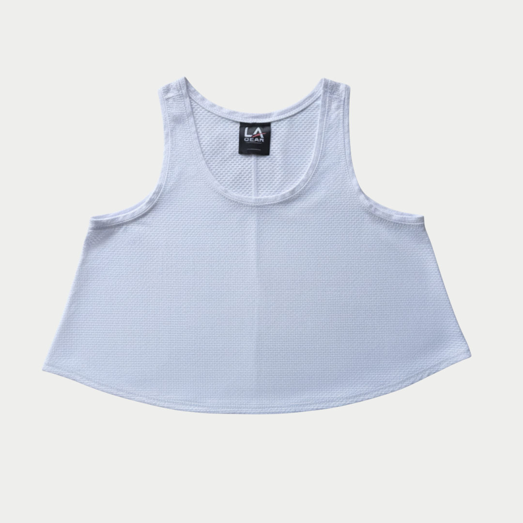 LA Gear Women’s Athletic Mesh Tank | White, vintage-inspired, lightweight mesh, cropped cut and rounded hem, classic style