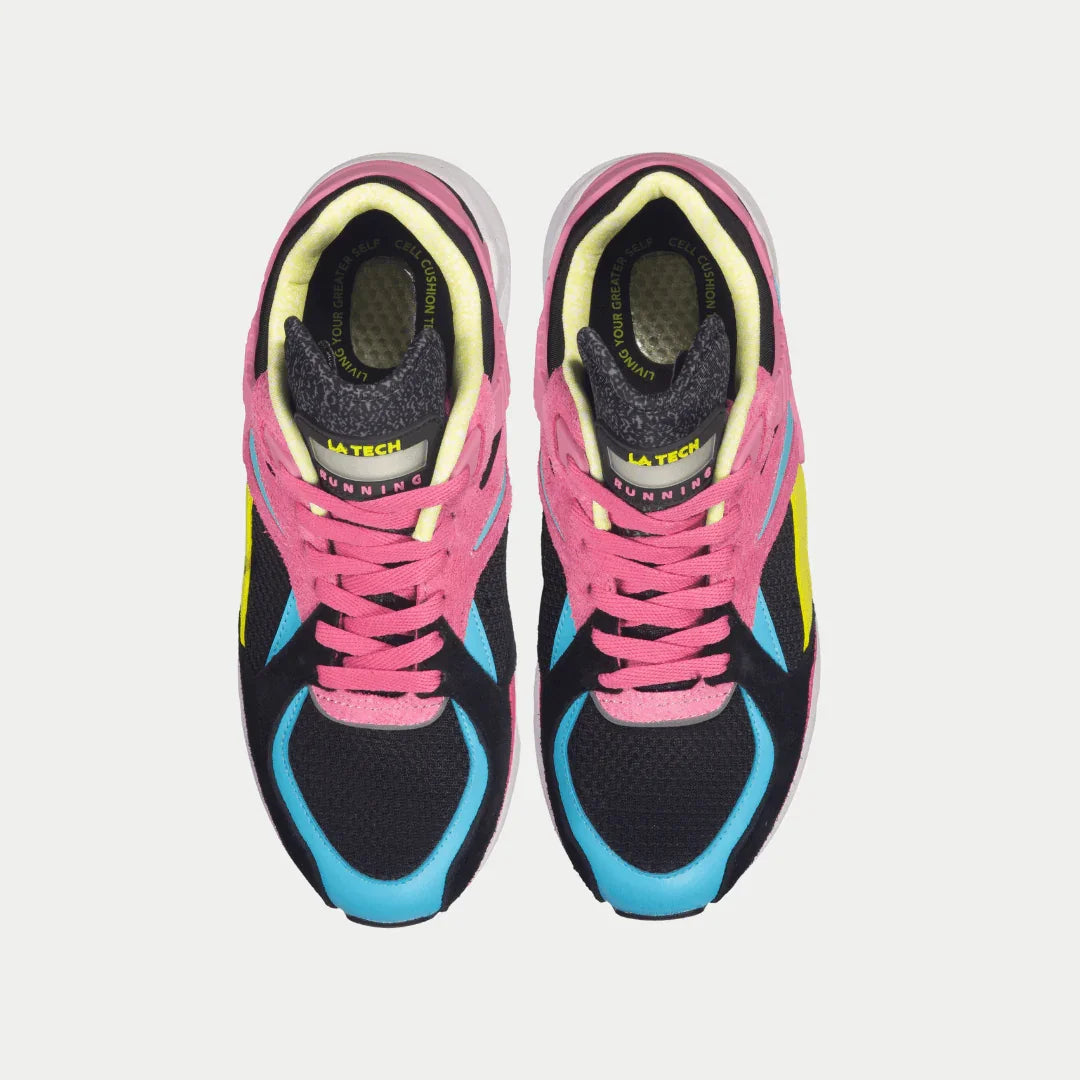 Top view of LA Gear Women's Catapult Light-Up Lowtop | Black x Pink sneakers with light-up detail and vibrant colors
