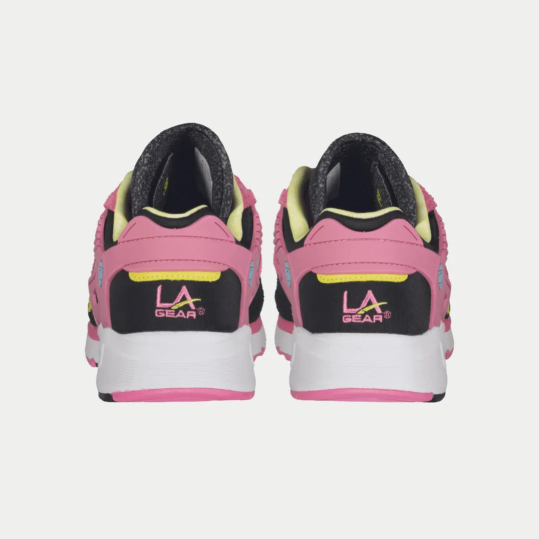 Back view of LA Gear Women's Catapult Light-Up Lowtop in Black x Pink with iconic 90s design and light-up feature.