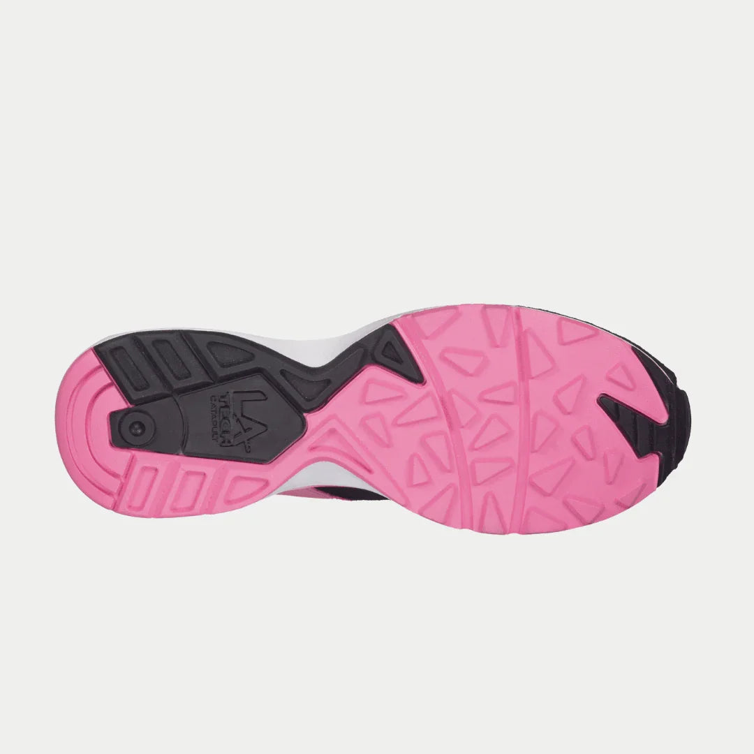 Sole of LA Gear Women's Catapult Light-Up Lowtop | Black x Pink sneaker showing black and pink tread design.