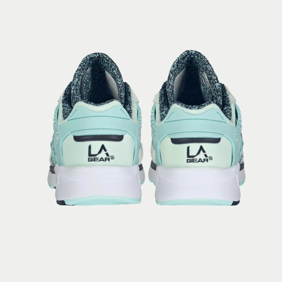 Back view of LA Gear Women's Catapult Light-Up Lowtop | Mint x Black sneakers displaying iconic design and comfort features.