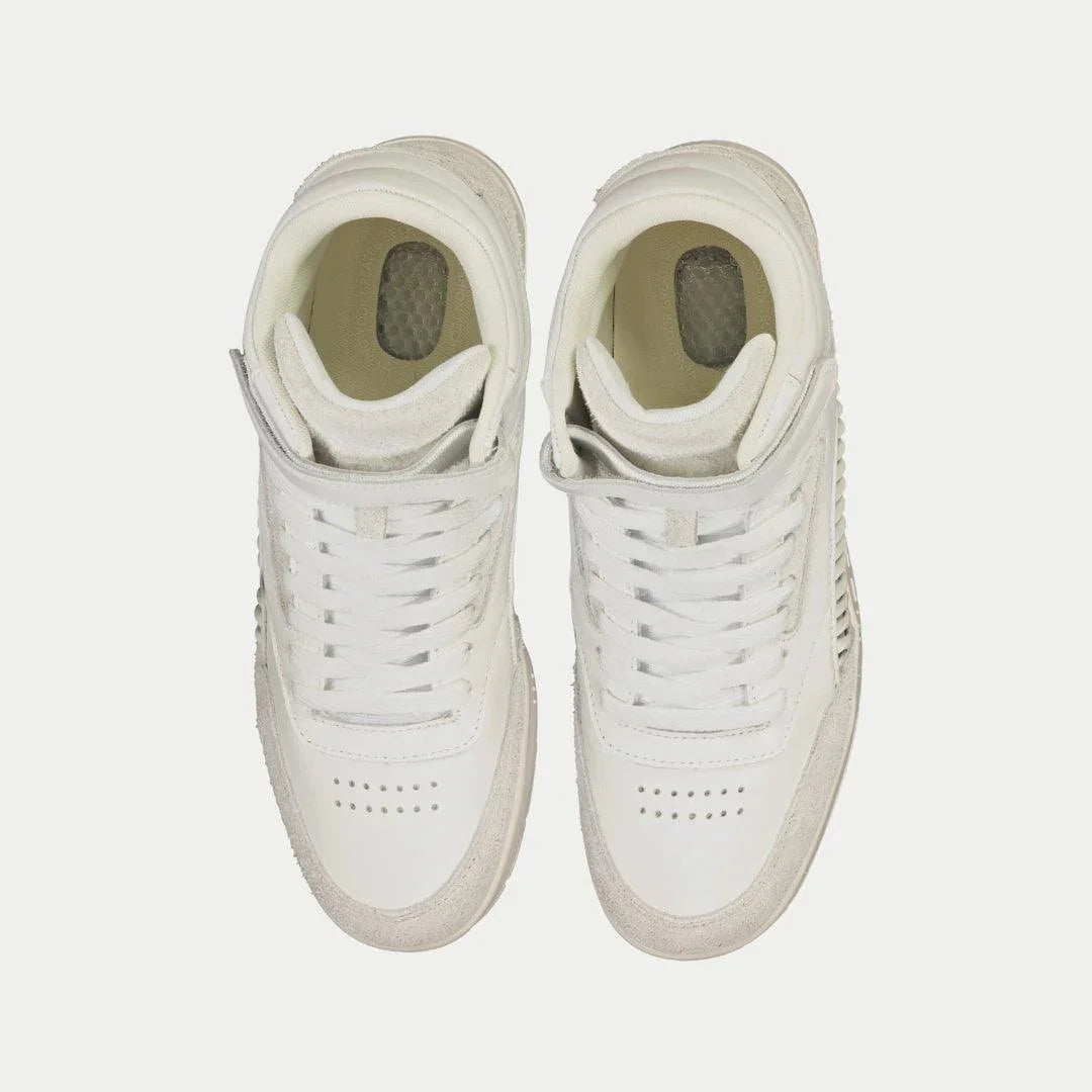 Top view of LA Gear Women's Flame Retro Hightop | White sneakers featuring genuine leather and classic design.