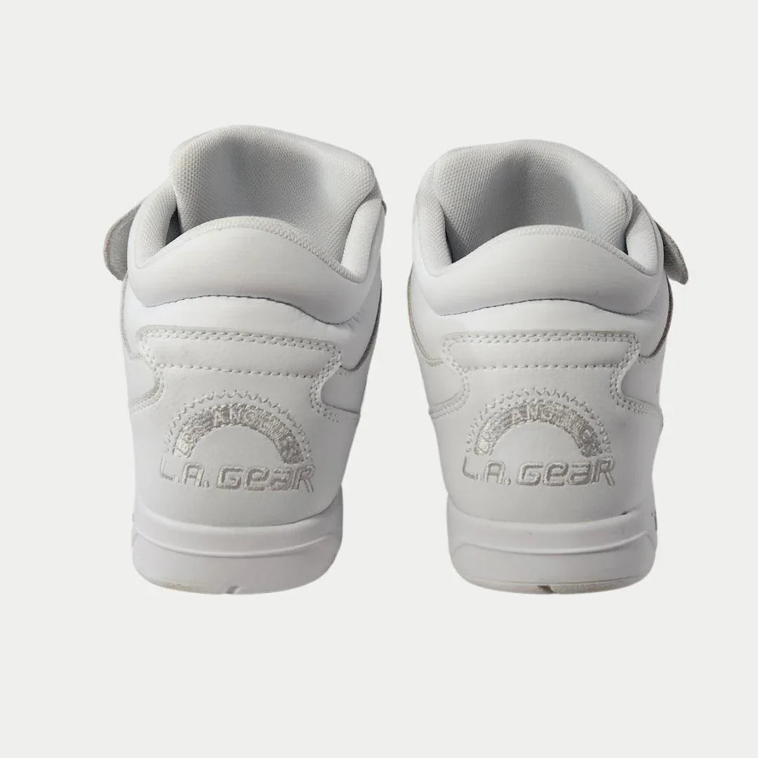 Back view of LA Gear Women's Flame Retro Hightop | White sneakers highlighting the bold design and iconic LA Gear branding.