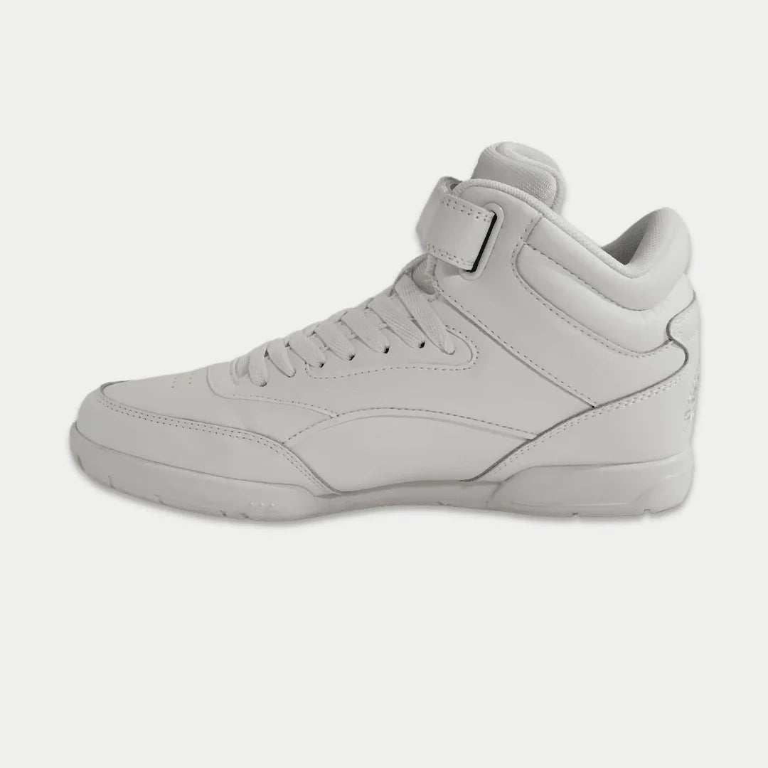 LA Gear Women's Flame Retro Hightop | White sneaker, side view, showcasing classic design and premium leather construction.