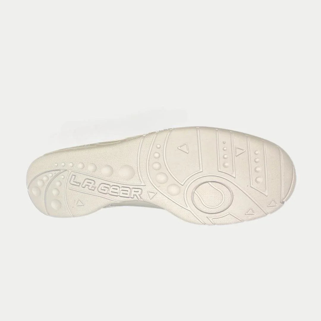 Sole of LA Gear Women's Flame Retro Hightop | White sneaker, showing detailed tread pattern and brand logo for stylish comfort.