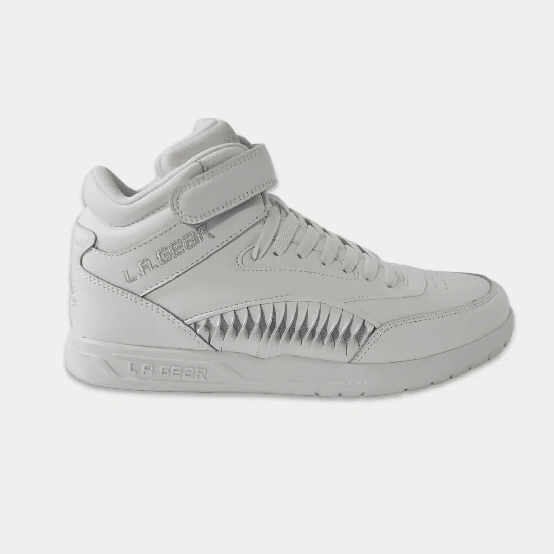 LA Gear Women's Flame Retro Hightop | White sneaker with premium leather, featuring classic SharkFin design and modern comfort.