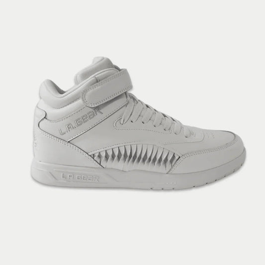 LA Gear Women's Flame Retro Hightop | White sneaker with premium leather, featuring classic SharkFin design and modern comfort.