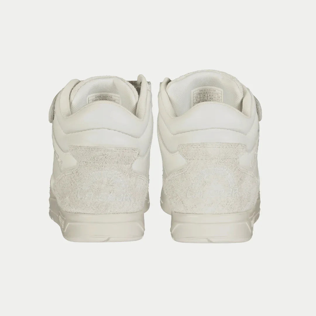 Back view of LA Gear Women's Flame Retro Hightop | White sneakers, showcasing genuine leather and retro 80s-90s SharkFin design.