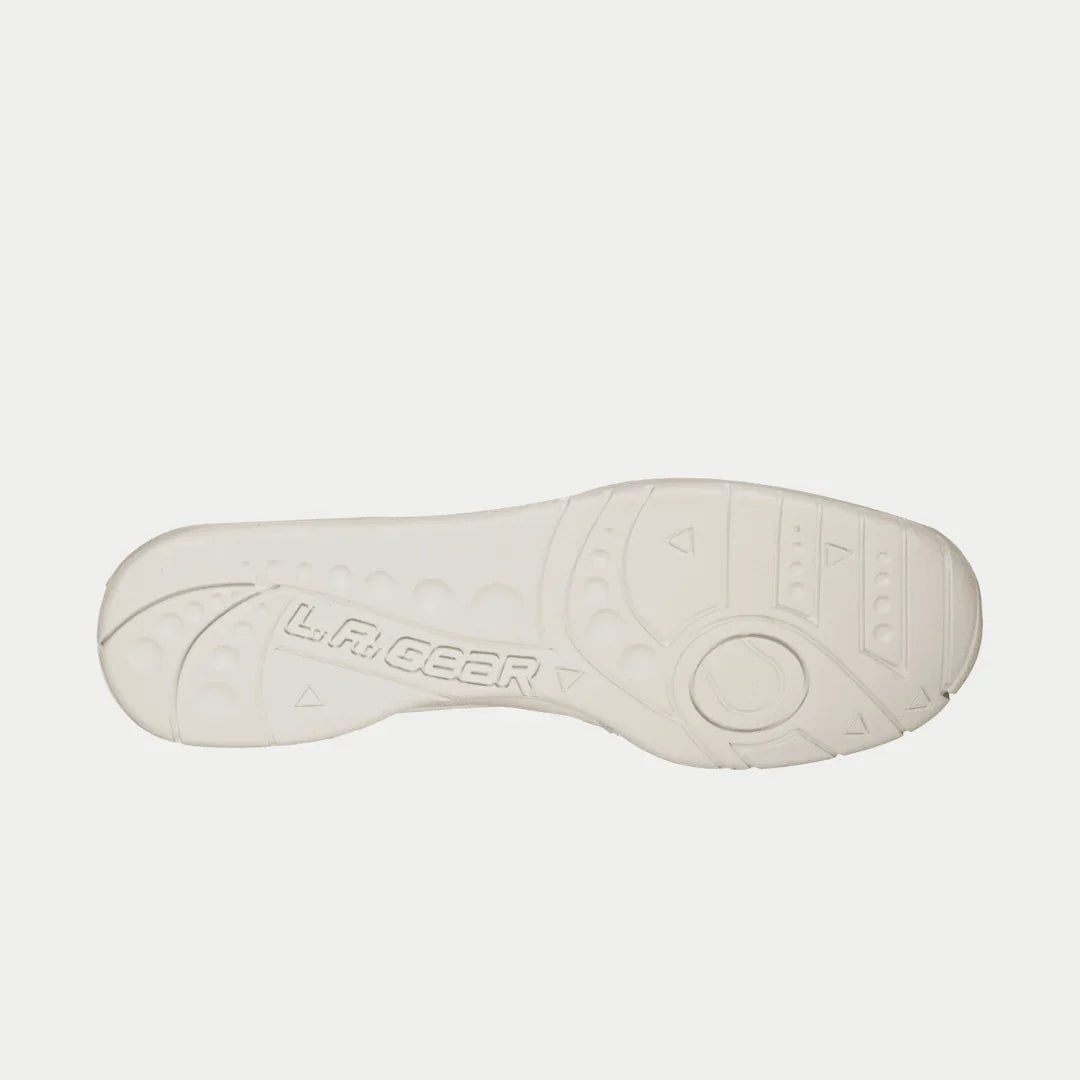 Sole of LA Gear Women's Flame Retro Hightop | White, showing traction design and brand logo. Retro sneaker sole detail.