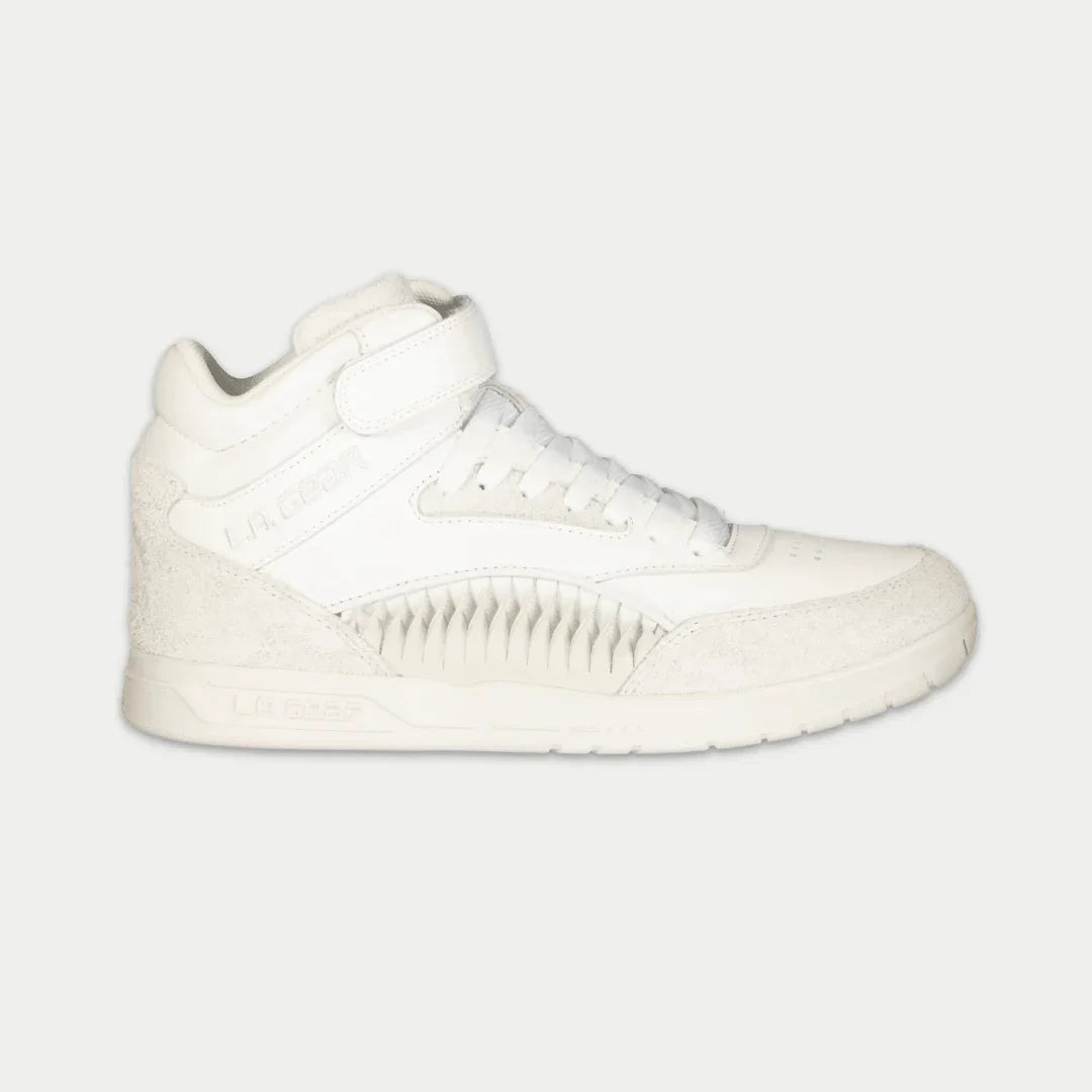 LA Gear Women's Flame Retro Hightop | White sneaker with genuine leather and classic 80s-90s SharkFin design for a stylish look.