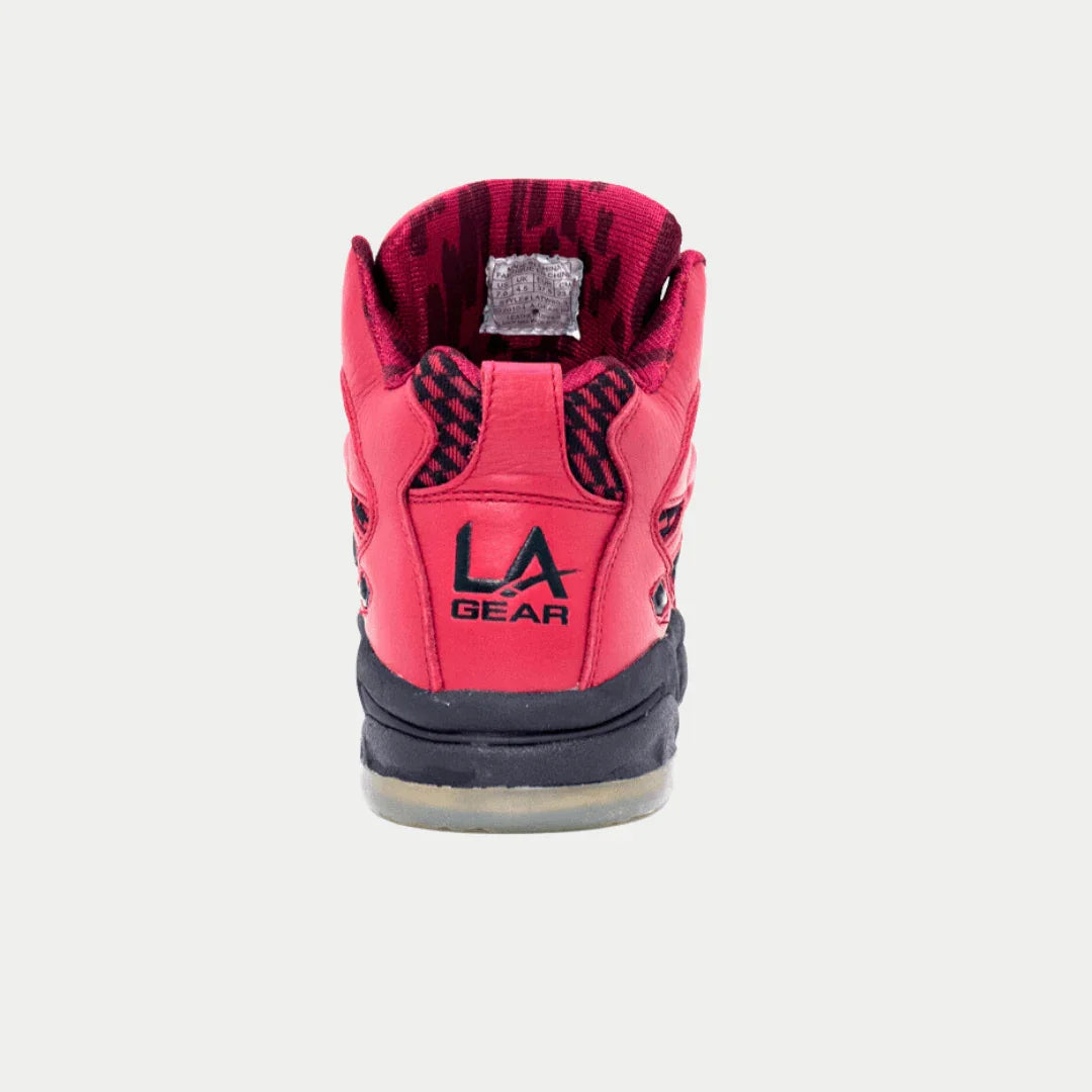 Back view of LA Gear Women's LA Tech Light-Up Hightop | Vintage Classic in red and black with light-up heel.