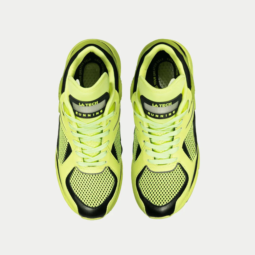 LA Gear Women's Light-Up x Glow Lowtop | Neon Yellow x Black sneakers, top view with mesh design and vibrant colors.